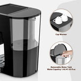 Modern black coffee machine with clear removable water tank and built-in cup warmer