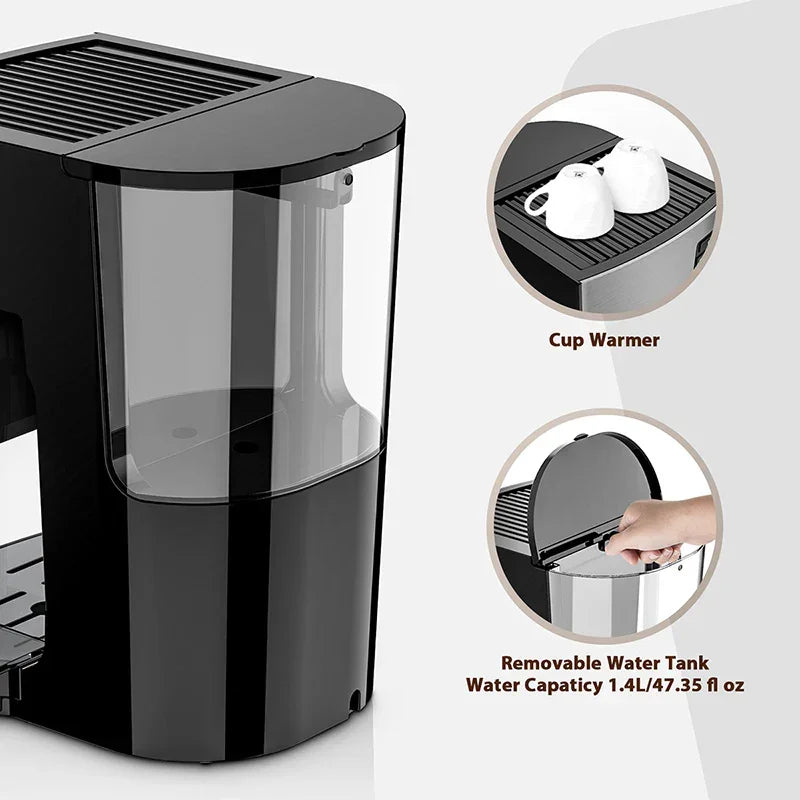 Modern black coffee machine with clear removable water tank and built-in cup warmer