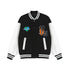 Black and white varsity jacket with bold patches, striped cuffs, and relaxed fit streetwear style