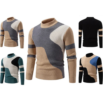 Men's colorblock knit sweaters in beige, grey, black, blue, and green with slim fit design.
