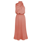 Sleeveless satin maxi dress in dusty rose, draped top with relaxed fit and flowing skirt