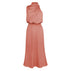 Sleeveless satin maxi dress in dusty rose, draped top with relaxed fit and flowing skirt
