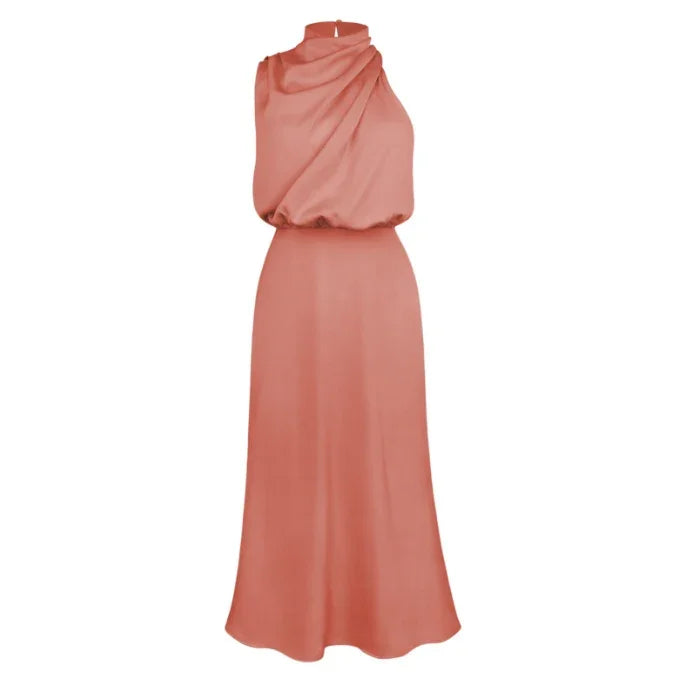 Sleeveless satin maxi dress in dusty rose, draped top with relaxed fit and flowing skirt