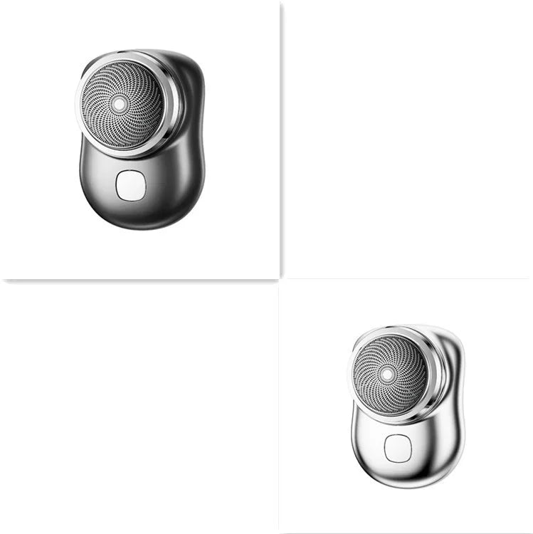 Compact electric shaver in silver and black metal, ergonomic design, push button, modern style