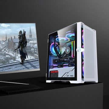 White gaming PC with RGB lighting and transparent side panel on modern desk setup