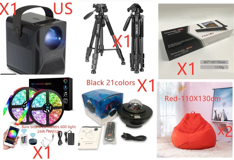 Collection of tech and lifestyle items including black portable projector, tripods, LED strip lights, galaxy projector, detachable screen, and two large red bean bag chairs.