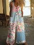 Woman wearing loose-fit patchwork floral and polka dot sleeveless jumpsuit outdoors