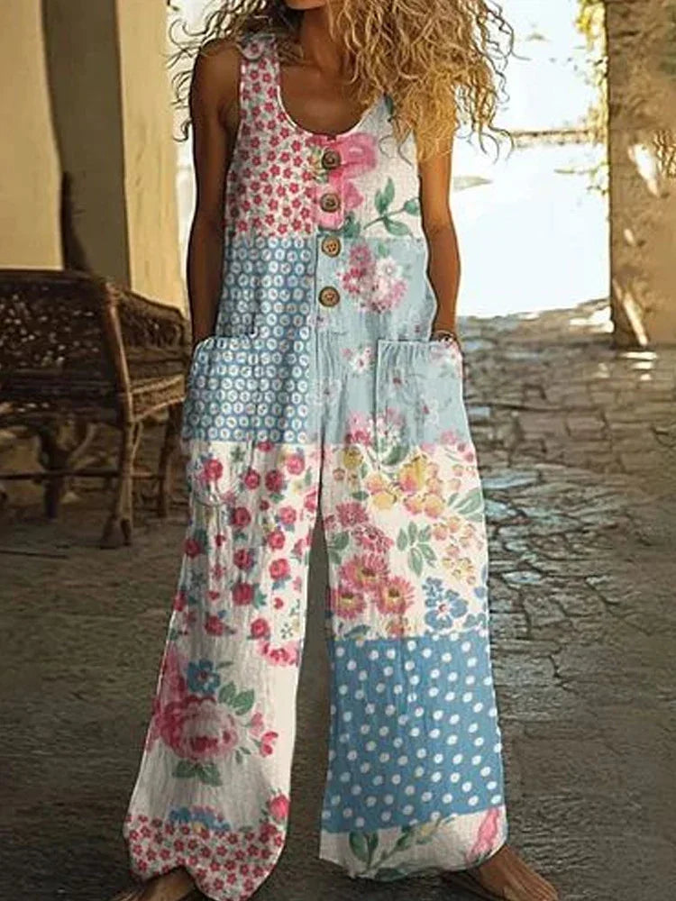 Woman wearing loose-fit patchwork floral and polka dot sleeveless jumpsuit outdoors