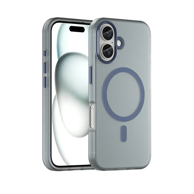 Gray translucent phone case with blue MagSafe ring, sleek design, slim fit for smartphone