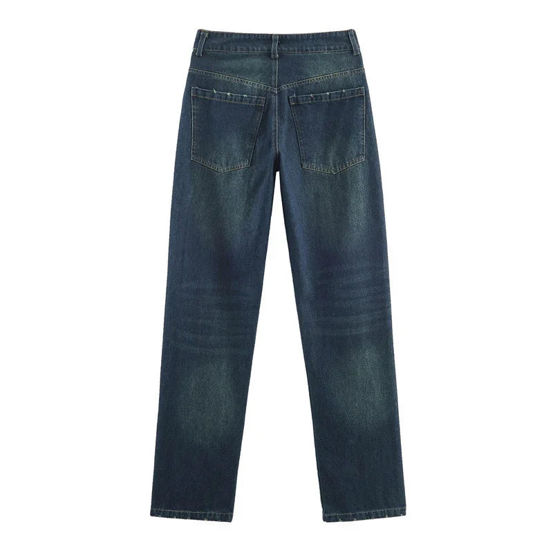 Straight-leg blue denim jeans with faded wash, back pockets, and relaxed fit.
