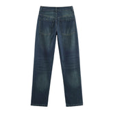Straight-leg blue denim jeans with faded wash, back pockets, and relaxed fit.