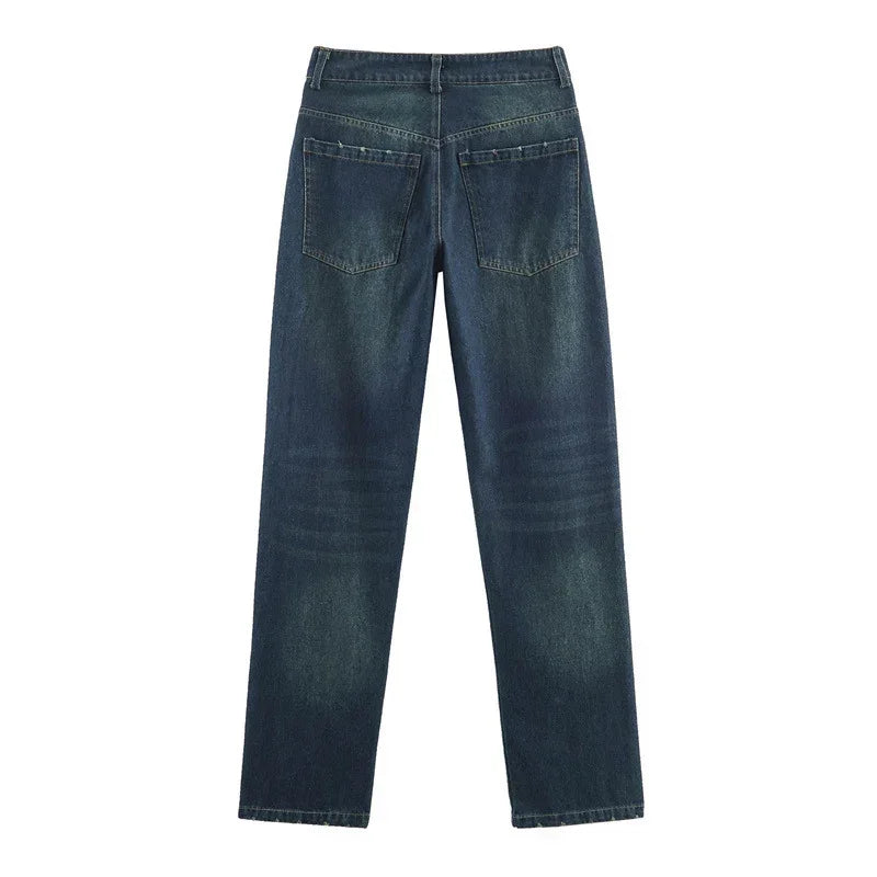 Straight-leg blue denim jeans with faded wash, back pockets, and relaxed fit.