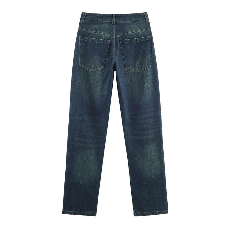 Straight-leg blue denim jeans with faded wash, back pockets, and relaxed fit.