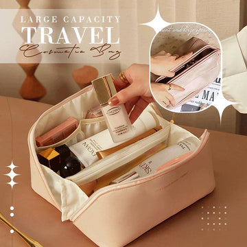 Large capacity pink travel cosmetic bag with multiple compartments, soft material, roomy fit.