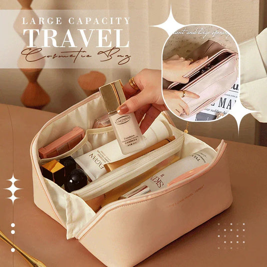 Large capacity pink travel cosmetic bag with multiple compartments, soft material, roomy fit.