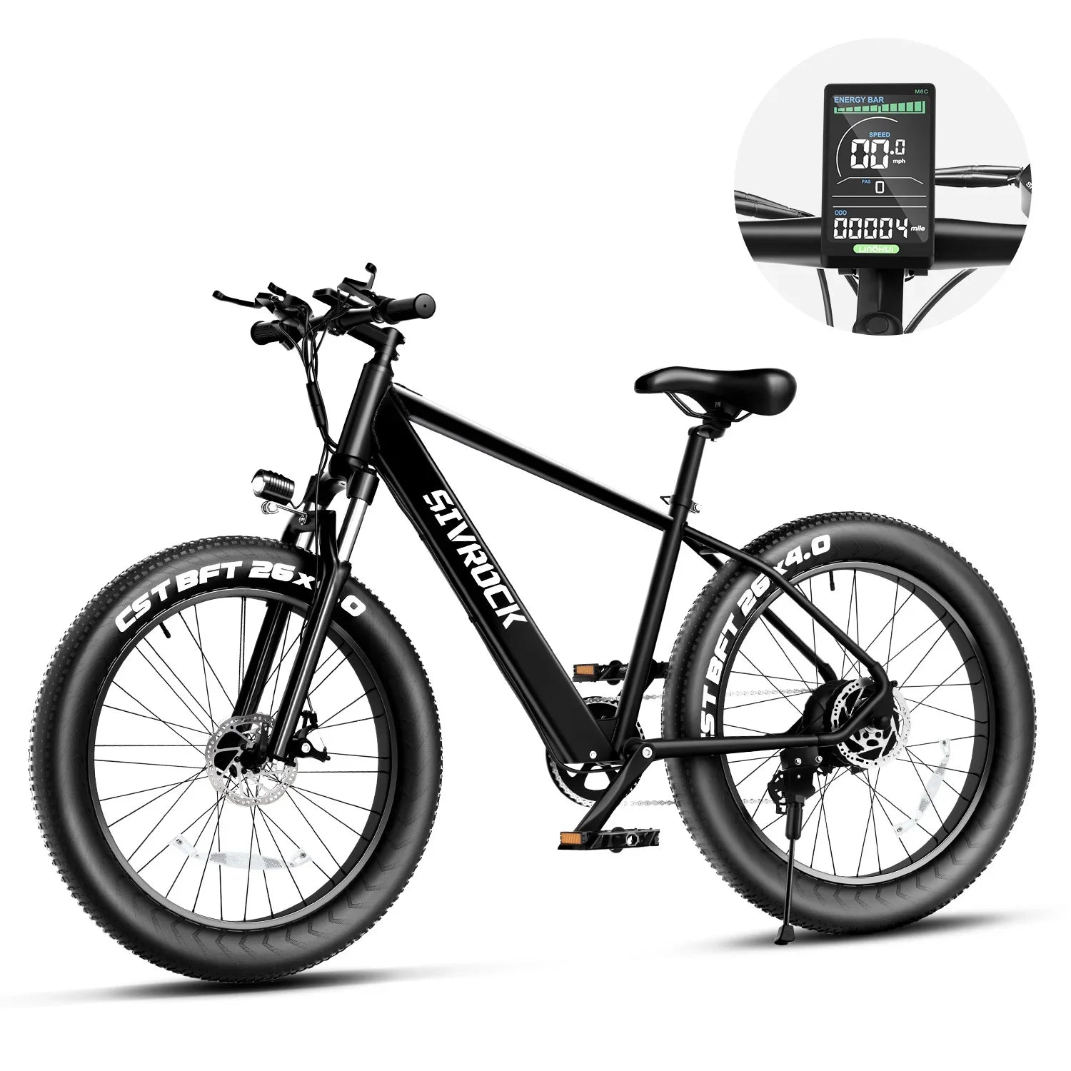 Black fat tire electric bike with disc brakes, LCD display, and sporty matte finish