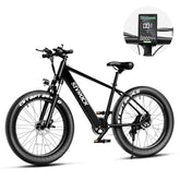 Black fat tire electric bike with disc brakes, LCD display, and sporty matte finish