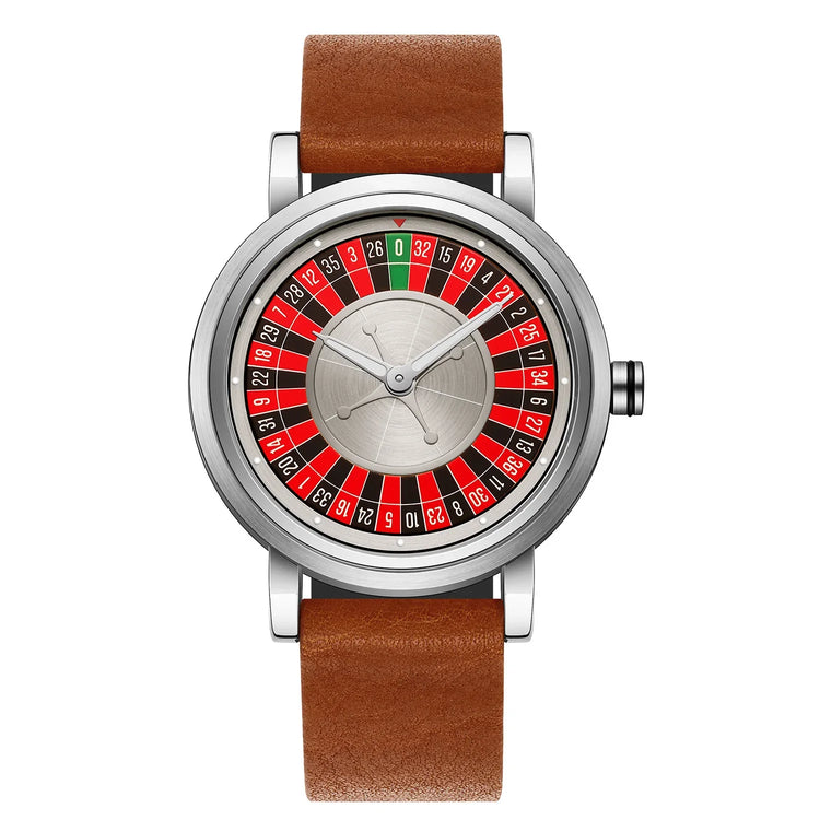 Leather strap wristwatch with roulette-style dial, silver case, and bold red and black accents
