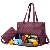 Quilted burgundy tote bag with insulated lower compartment, matching pouch, and food storage.