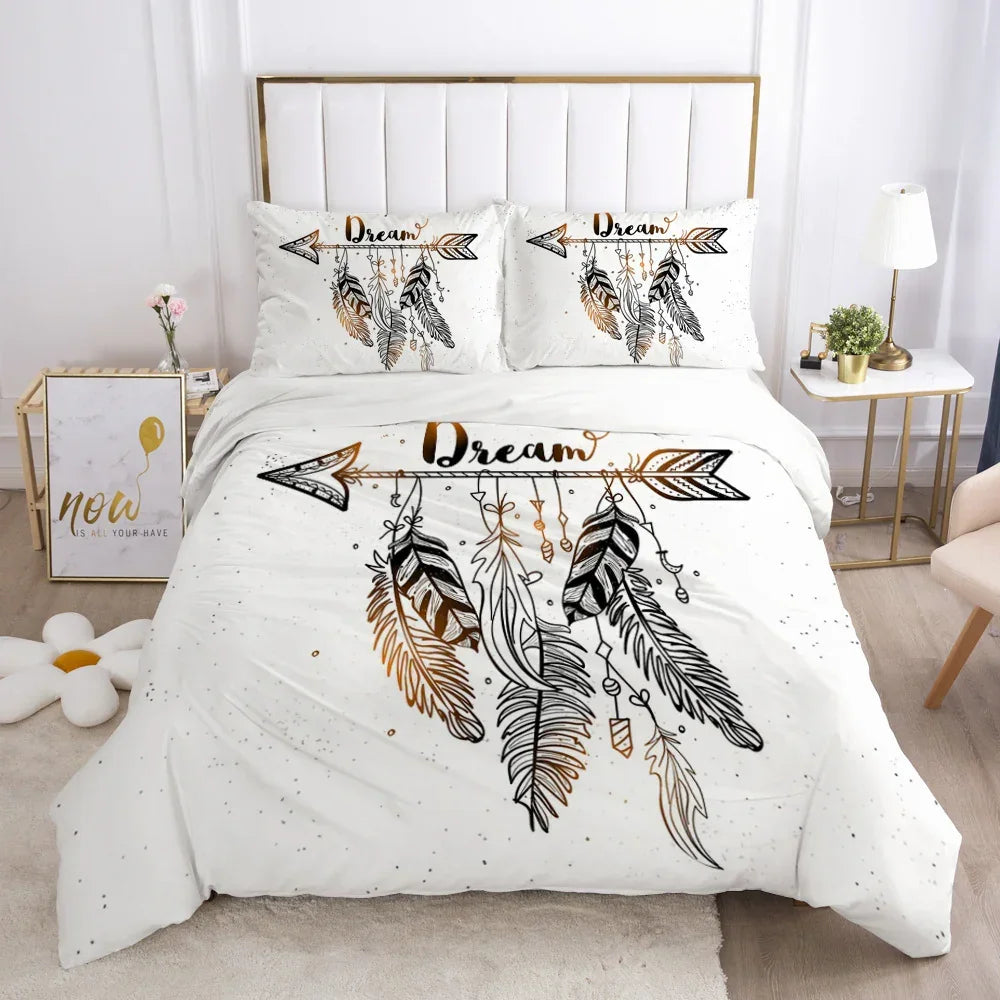 White bedding set with feather and arrow print, gold and black accents, soft material, modern decor