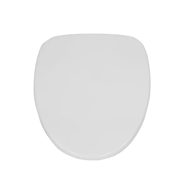 White plastic toilet seat with smooth, curved edges on a white background