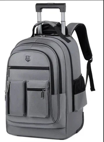 Gray multifunctional rolling backpack with multiple zippered compartments, water-resistant fabric, and padded straps.