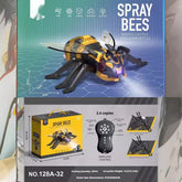 Remote control yellow and black robotic bee toy with wireless controller and packaging shown.