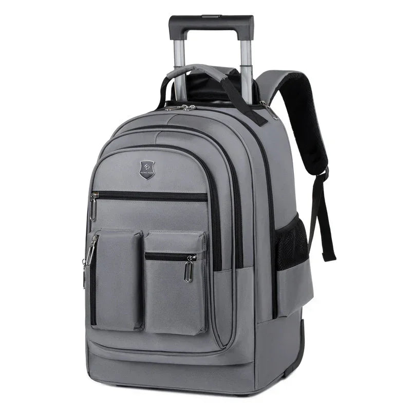 Gray travel backpack with multiple zippered pockets, nylon material, padded straps, and telescopic handle