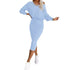 Woman wearing light blue off-shoulder long sleeve top and fitted midi skirt set