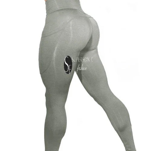 High-waisted grey leggings, slim fit, stretchy fabric, futuristic streetwear style.