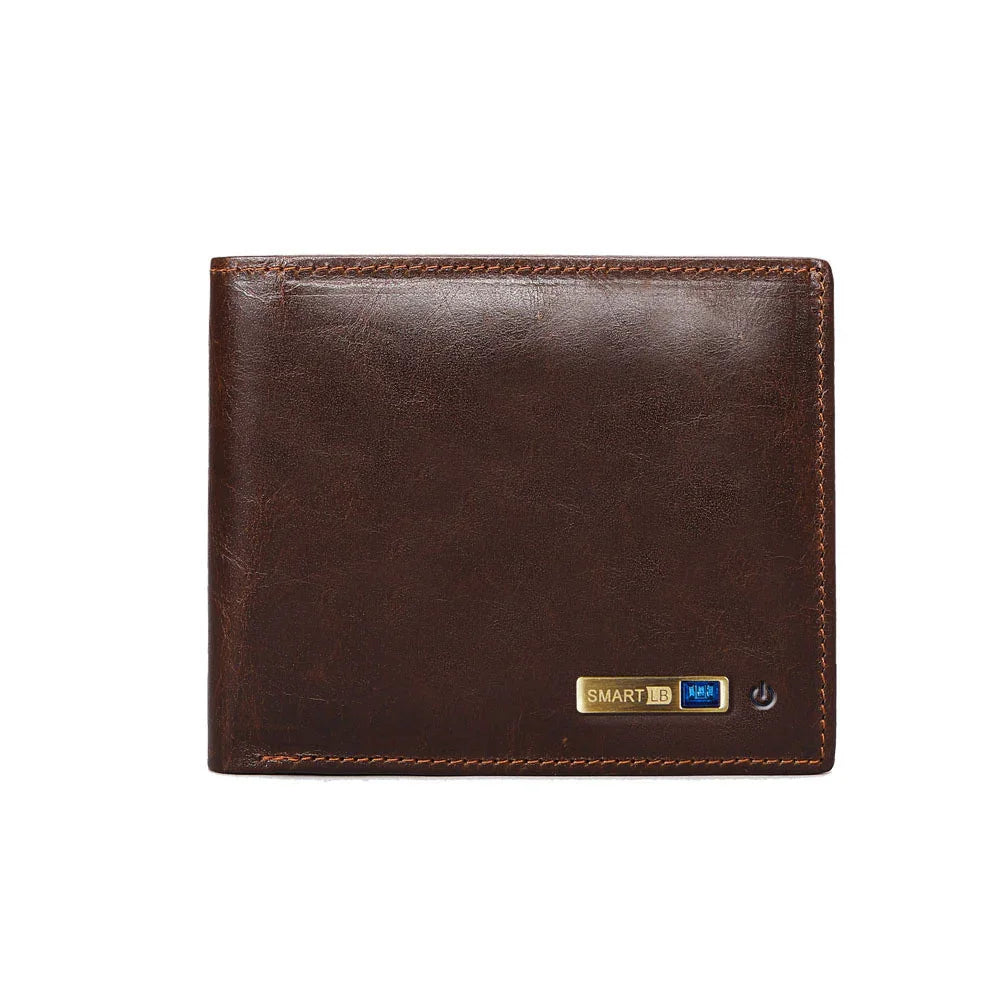 Slim dark brown leather wallet with smooth finish and gold accent, classic minimalist style