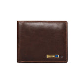 Slim dark brown leather wallet with smooth finish and gold accent, classic minimalist style