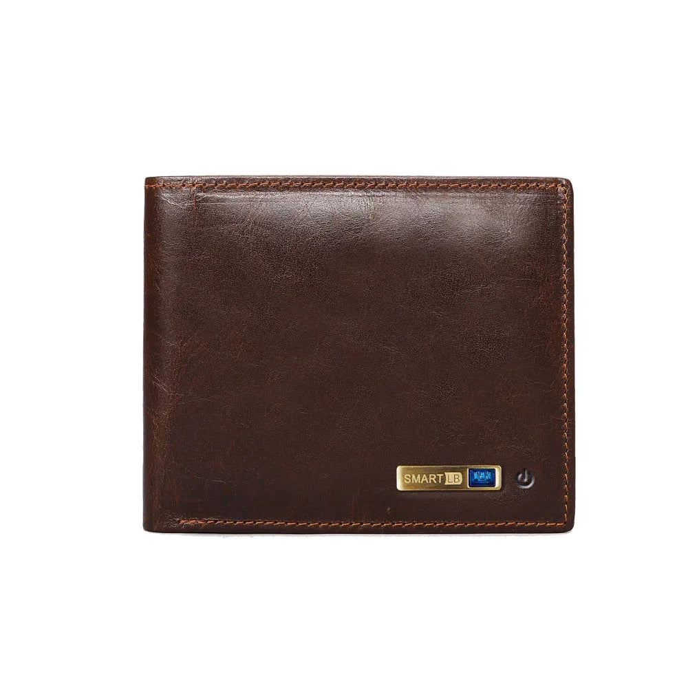 Slim dark brown leather wallet with smooth finish and gold accent, classic minimalist style