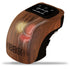 Wood grain knee massager with digital control, ergonomic fit, and heat therapy illustration