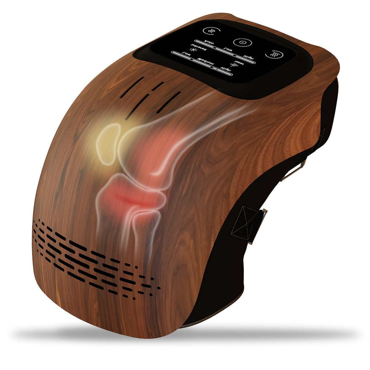 Wood grain knee massager with digital control, ergonomic fit, and heat therapy illustration