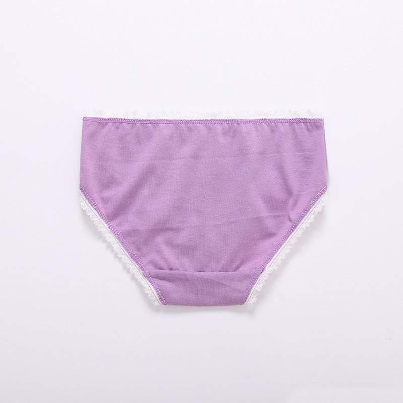 Lavender cotton high-waisted underwear with white lace trim, soft and comfortable fit