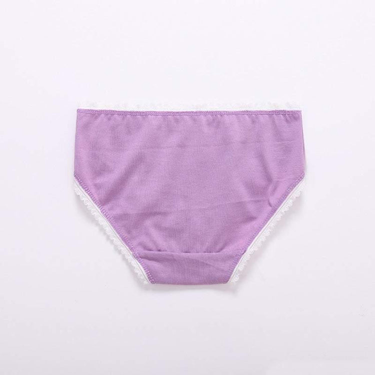 Lavender cotton high-waisted underwear with white lace trim, soft and comfortable fit