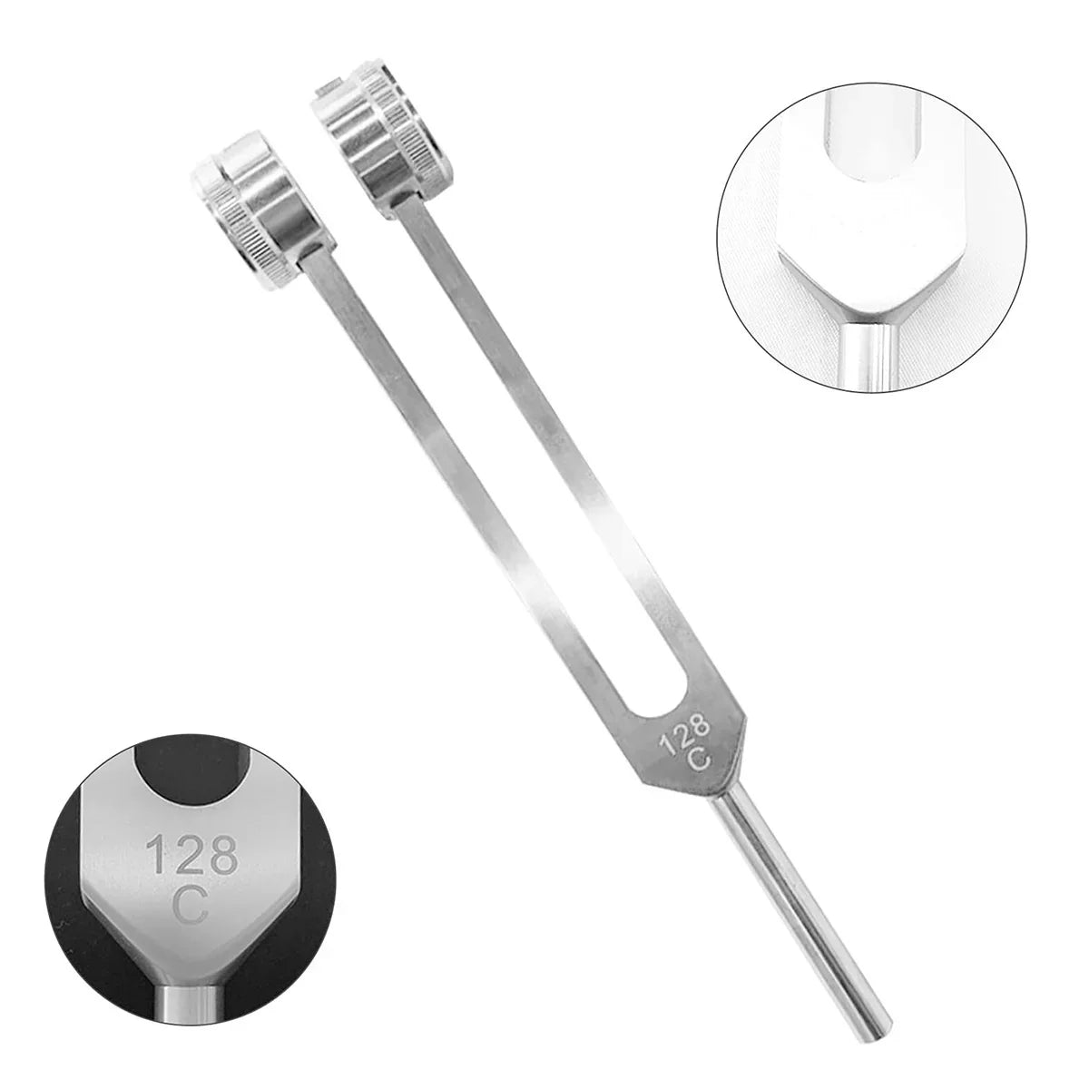 Silver metal tuning fork, flat rectangular arms, marked 128 C, polished finish