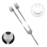 Silver metal tuning fork, flat rectangular arms, marked 128 C, polished finish