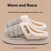 Plaid winter warm cotton slippers with beige fleece lining and slip-on design, cozy fit.