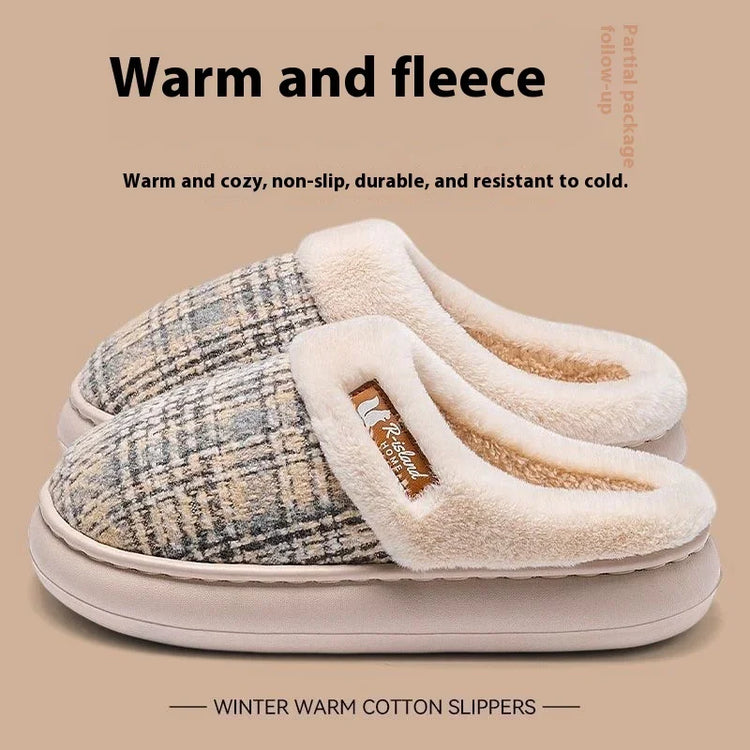 Plaid winter warm cotton slippers with beige fleece lining and slip-on design, cozy fit.