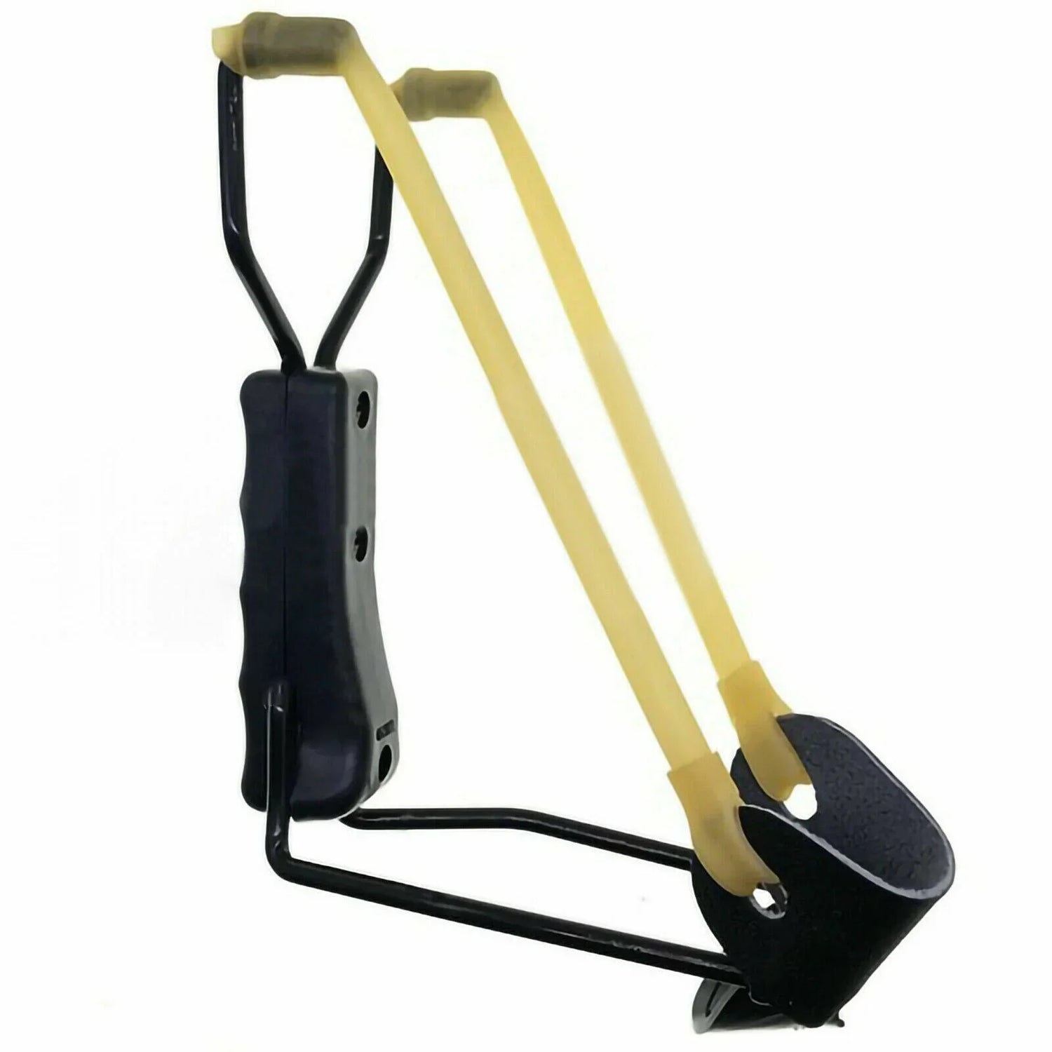 Black ergonomic slingshot with yellow rubber bands and textured grip on white background
