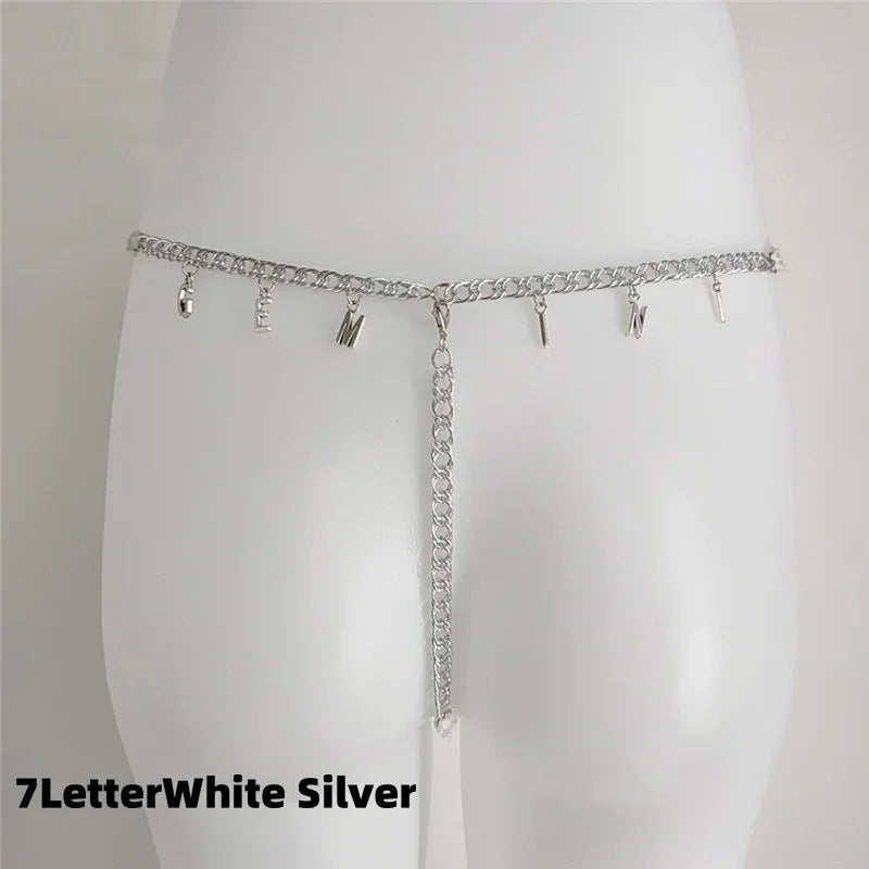 Silver chain waist belt with letter charms, minimalist fitted streetwear accessory