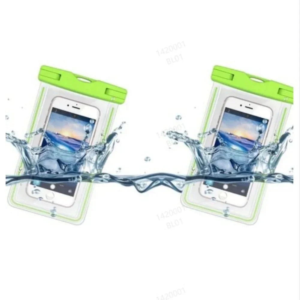 Waterproof phone pouches with green tops submerged in water, clear touchable plastic material.