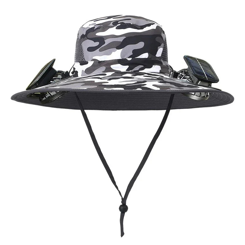 Black and white camouflage wide-brim hat with chin strap, mesh panels, and solar fans