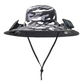 Black and white camouflage wide-brim hat with chin strap, mesh panels, and solar fans