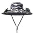 Black and white camouflage wide-brim hat with chin strap, mesh panels, and solar fans
