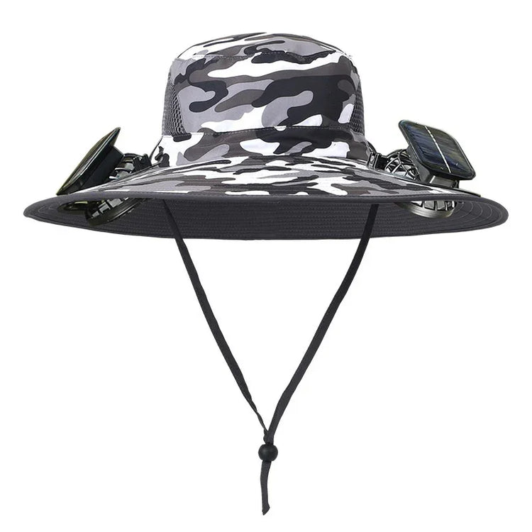 Black and white camouflage wide-brim hat with chin strap, mesh panels, and solar fans