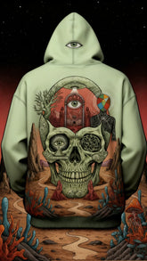 Oversized light green hoodie featuring psychedelic skull and surreal artwork on the back.