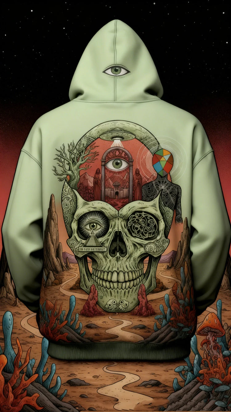 Oversized light green hoodie featuring psychedelic skull and surreal artwork on the back.